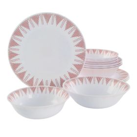 Ultra by Gibson Piper Point 12 Piece Opal Glass Dinnerware Set in White With Red Accents