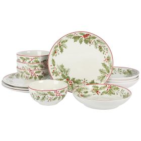 Gibson Home Festive Berries 12 Piece Double Bowl Fine Ceramic Dinnerware Set in White