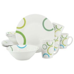 Gibson Home Green Loops 12 Piece Round Fine Ceramic Dinnerware Set in White