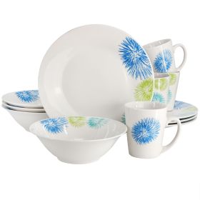 Gibson Home Blue Meadow 12 Piece Fine Ceramic Dinnerware Set in White with Colored Accents