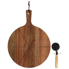 Gibson Elite 2 Piece Acacia Wood Serving Board and Pizza Cutter Set in Brown